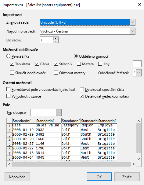 Dialogové okno Import textu