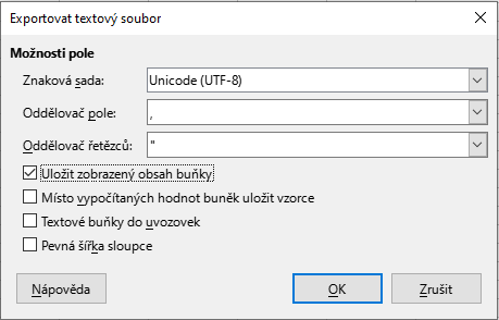 Dialogové okno Exportovat textový soubor