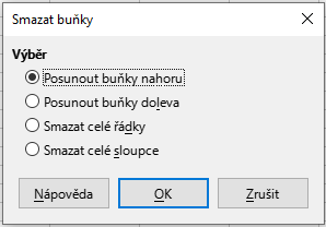 Dialogové okno Smazat buňky