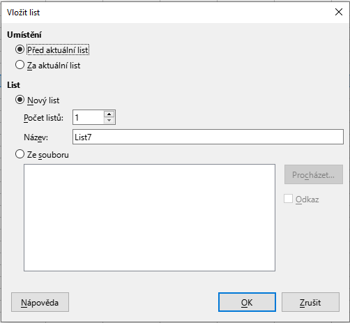 Dialogové okno Vložit list