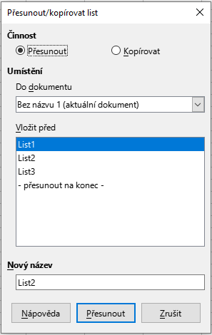 Dialogové okno Přesunout/kopírovat list