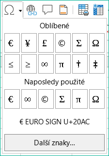 Dialogové okno Speciální znaky