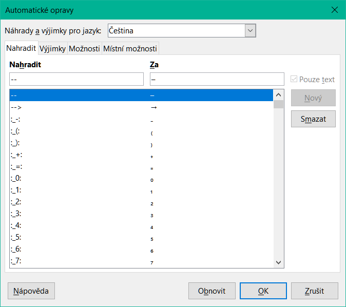 Dialogové okno Automatické opravy