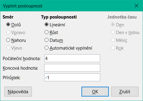 Dialogové okno Vyplnit posloupnost