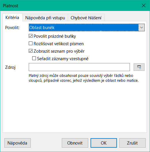 Dialogové okno Platnost – karta Kritéria