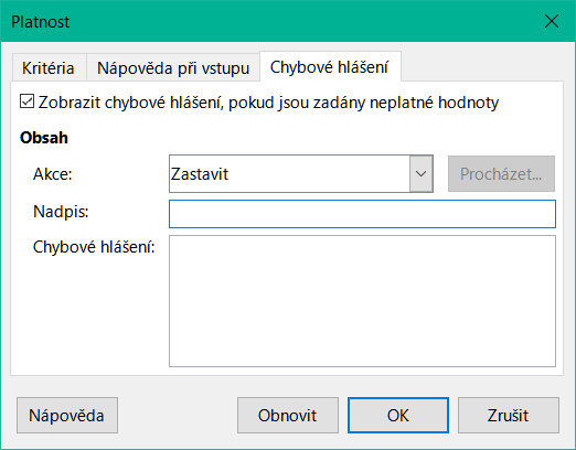 Dialogové okno platnosti – karta Chybové hlášení