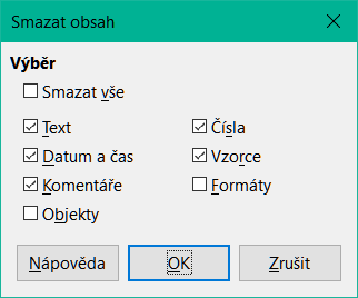 Dialogové okno Smazat obsah