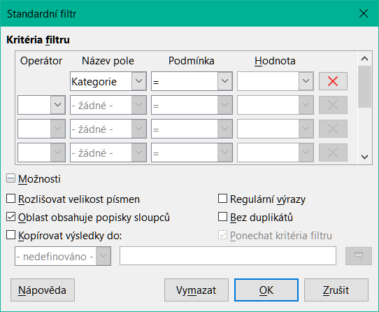Dialogové okno Standardní filtr