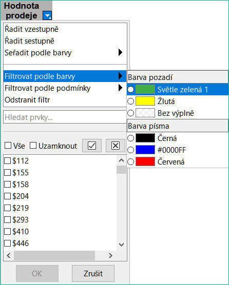 Filtrování podle barev písma a pozadí