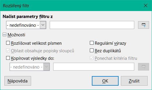 Dialogové okno Rozšířený filtr