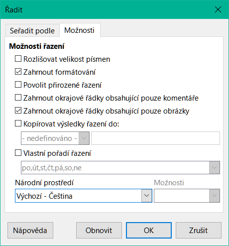 Dialogové okno Řadit – karta Možnosti