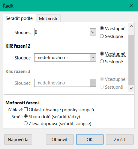 Dialogové okno Řadit – karta Seřadit podle