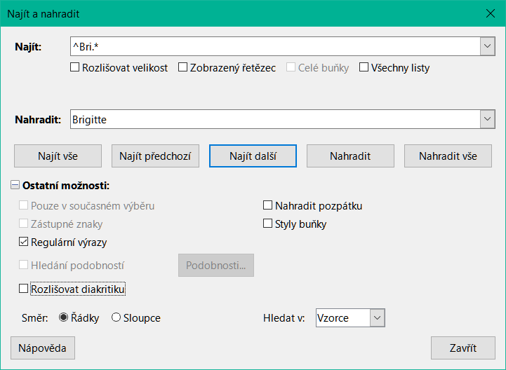 Použití regulárního výrazu v dialogovém okně Najít a nahradit