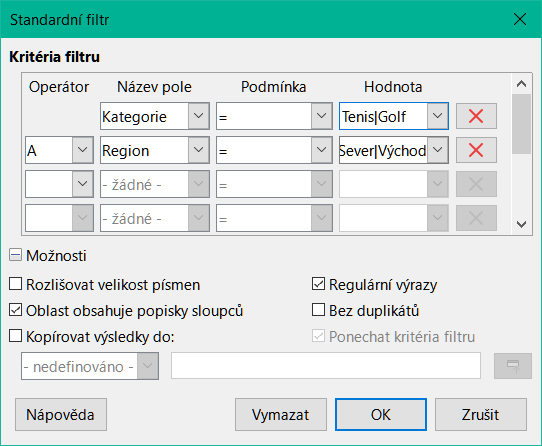 Použití regulárních výrazů v dialogovém okně Standardní filtr