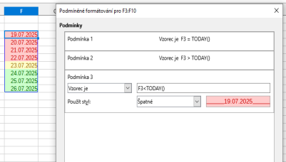 Podmínky pro nastavení aktuálních, minulých a budoucích dat pomocí vzorců