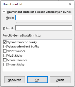 Dialogové okno Uzamknout list