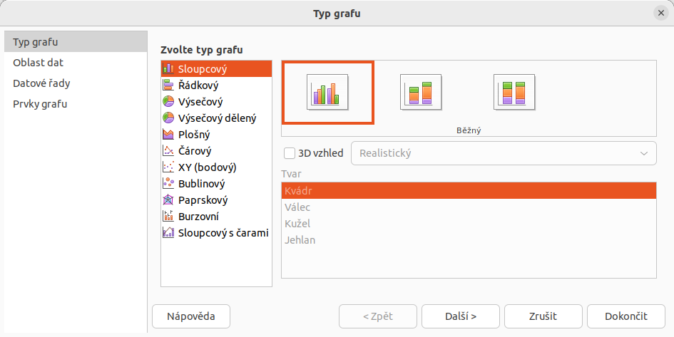 Dialogové okno Průvodce grafem – výběr typu grafu