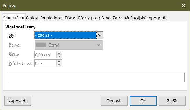 Dialogové okno Popisy (po volbě Všechny popisy)