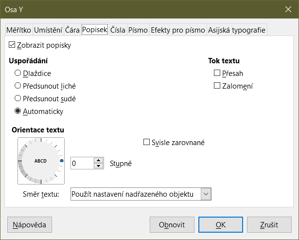 Dialogové okno Formát osy – karta Popisek