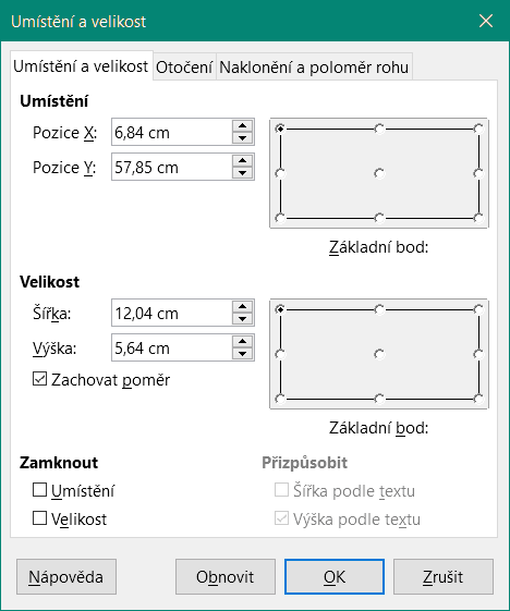 Dialogové okno Umístění a velikost – karta Umístění a velikost