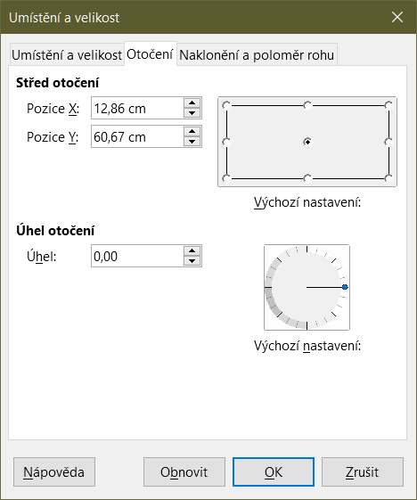 Dialogové okno Poloha a velikost – karta Otočení