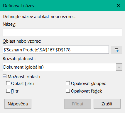 Dialogové okno Definovat název
