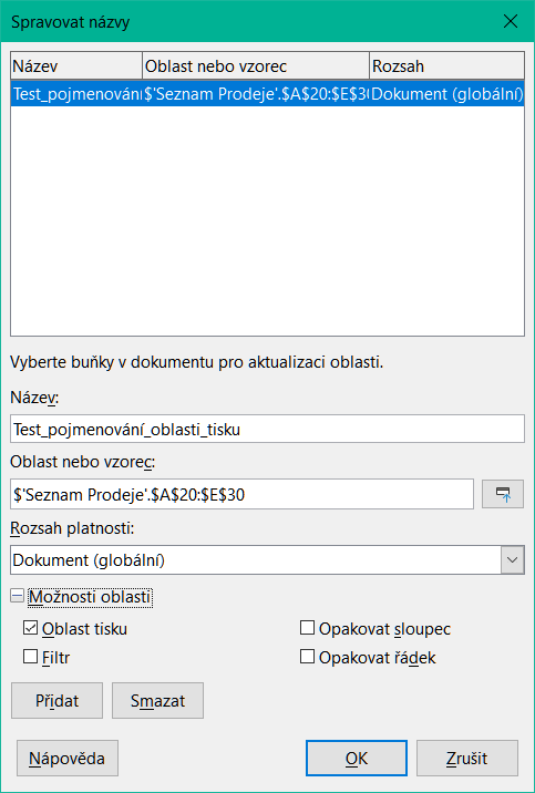 Dialogové okno Spravovat názvy