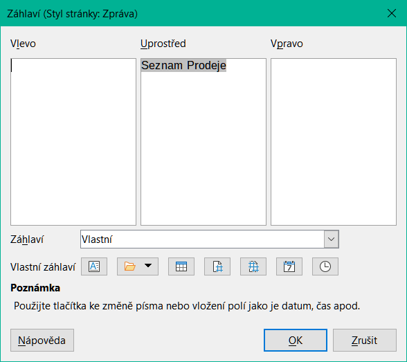 Dialogové okno Záhlaví