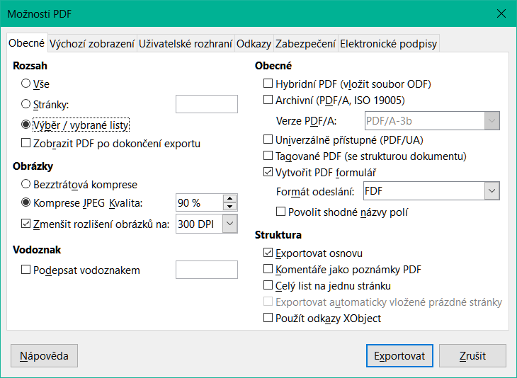 Dialogové okno Možnosti PDF – karta Obecné