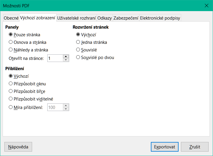 Dialogové okno Možnosti PDF – karta Výchozí zobrazení