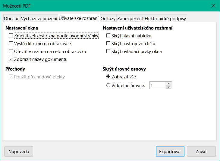Dialogové okno Možnosti PDF – karta Uživatelské rozhraní