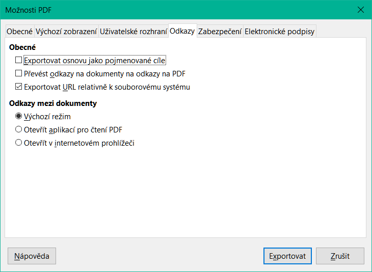 Dialogové okno Možnosti PDF – karta Odkazy