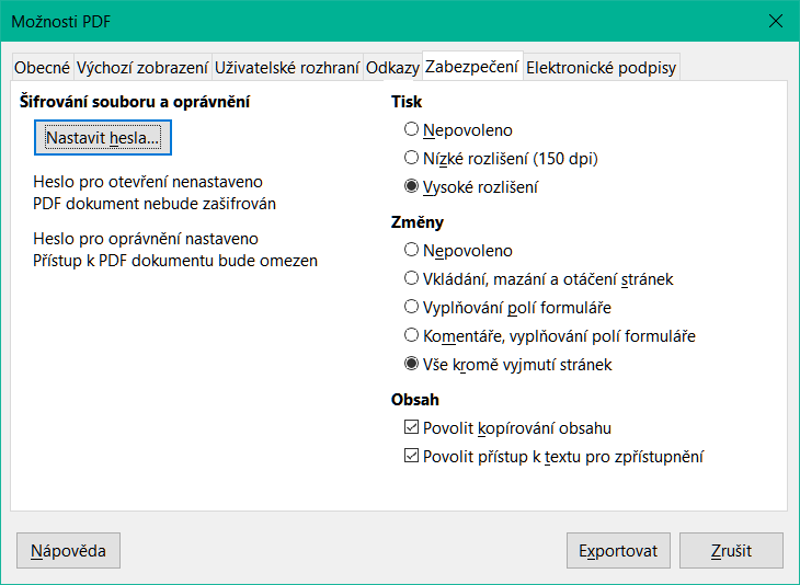 Dialogové okno Možnosti PDF – karta Zabezpečení