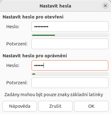 Dialogové okno Nastavit hesla