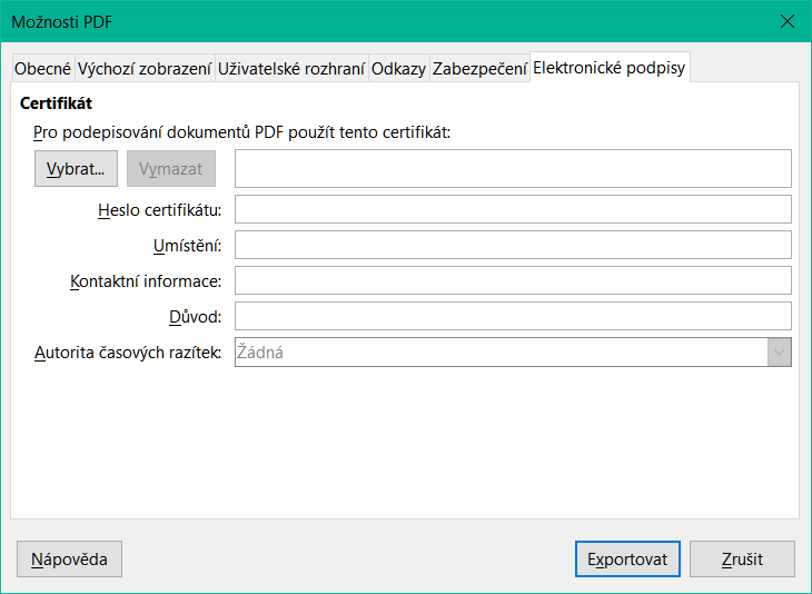 Dialogové okno Možnosti PDF – karta Elektronické podpisy