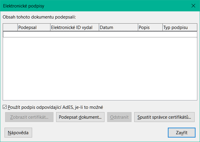 Dialogové okno Elektronické podpisy