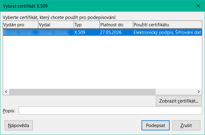 Dialogové okno Vybrat certifikát