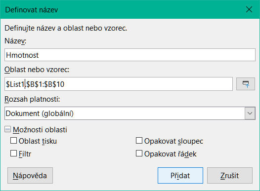 Dialogové okno Definovat název