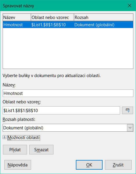 Dialogové okno Správa názvů