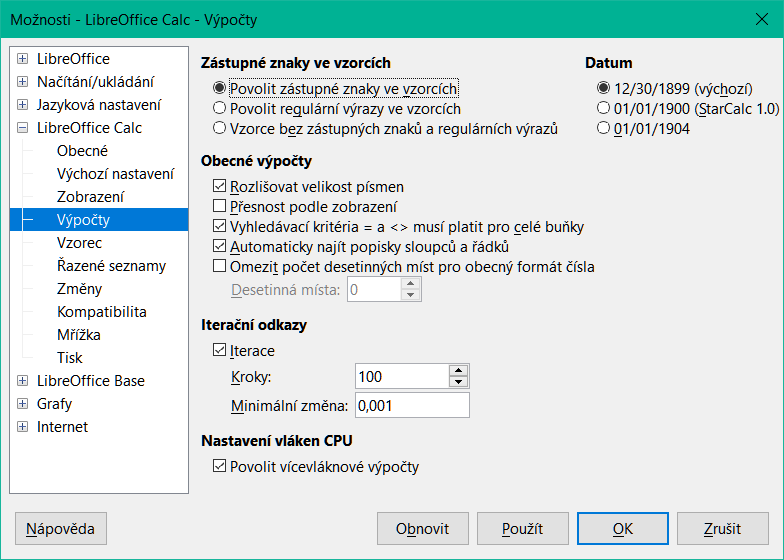 Nástroje > Možnosti > LibreOffice Calc > Dialogové okno Výpočet
