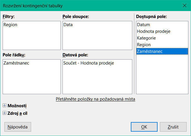 Dialogové okno Rozvržení kontingenční tabulky