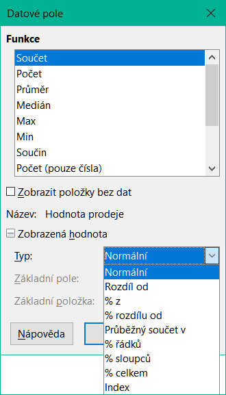 Rozbalený dialog pro datové pole