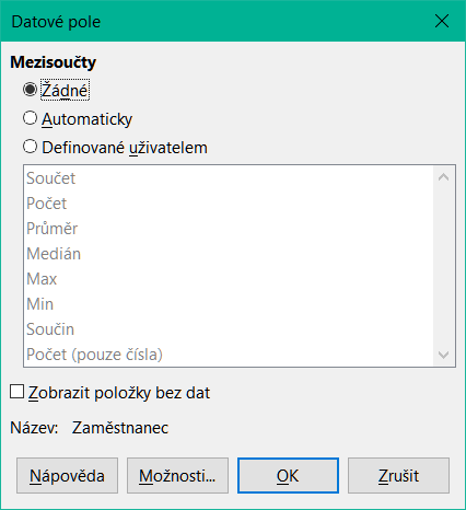 Dialogové okno Datové pole pro řádkové nebo sloupcové pole