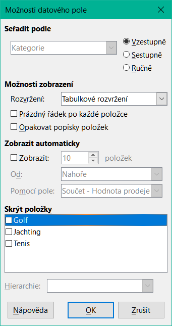 Dialogové okno Možnosti datového pole