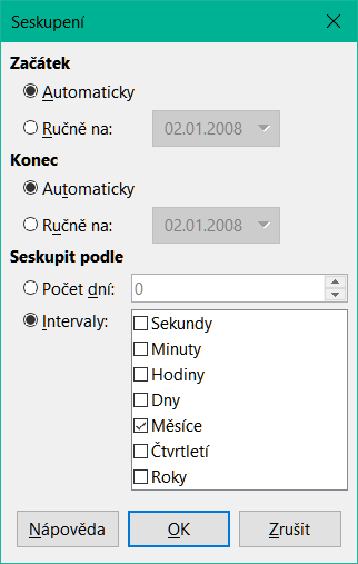 Dialogové okno seskupení pro kategorie datum/čas