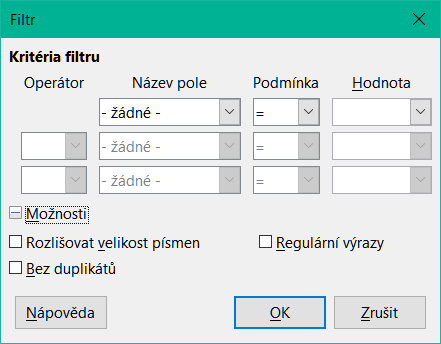 Dialog pro definici filtru
