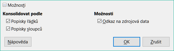 Dialogové okno Konsolidovat – část Možnosti