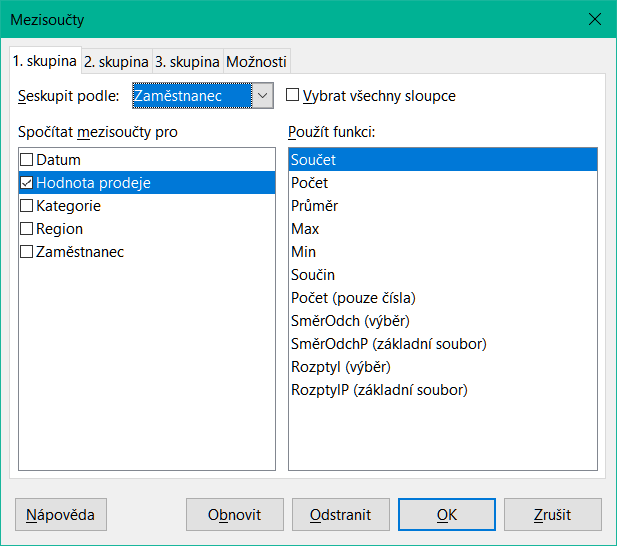 Dialogové okno Mezisoučty