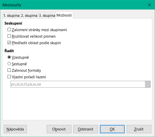 Karta Možnosti v dialogovém okně Mezisoučty