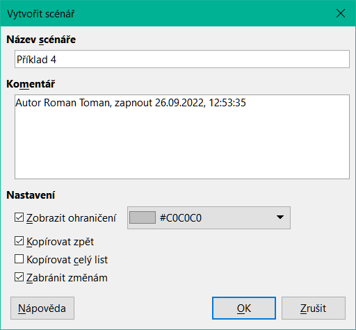 Dialogové okno Vytvořit scénář